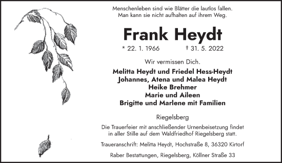 Todesanzeige von Frank Heydt von saarbruecker_zeitung