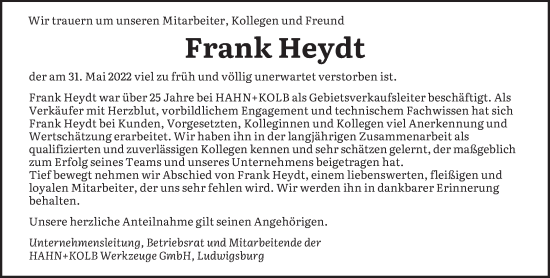 Todesanzeige von Frank Heydt von saarbruecker_zeitung