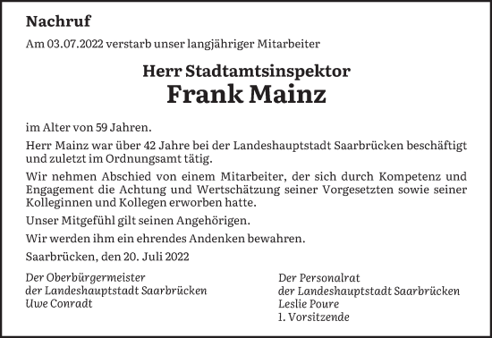 Todesanzeige von Frank Mainz von saarbruecker_zeitung