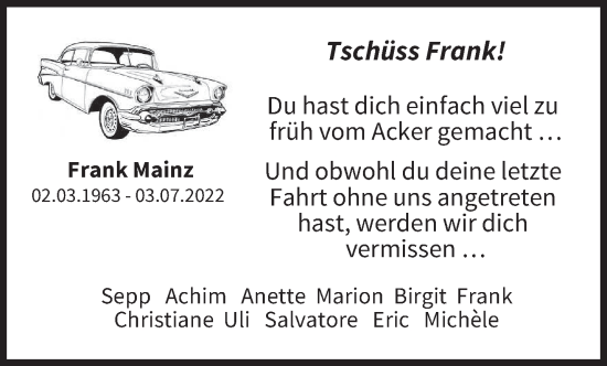Todesanzeige von Frank Mainz von saarbruecker_zeitung