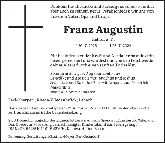 Todesanzeige von Franz Augustin von saarbruecker_zeitung
