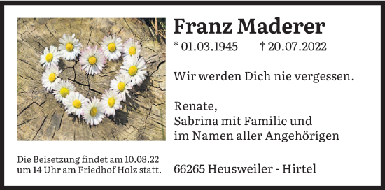 Todesanzeige von Franz Maderer von saarbruecker_zeitung