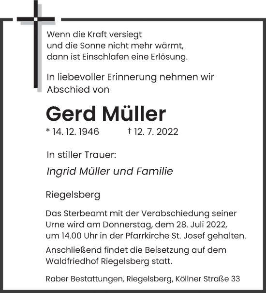 Todesanzeige von Gerd Müller von saarbruecker_zeitung