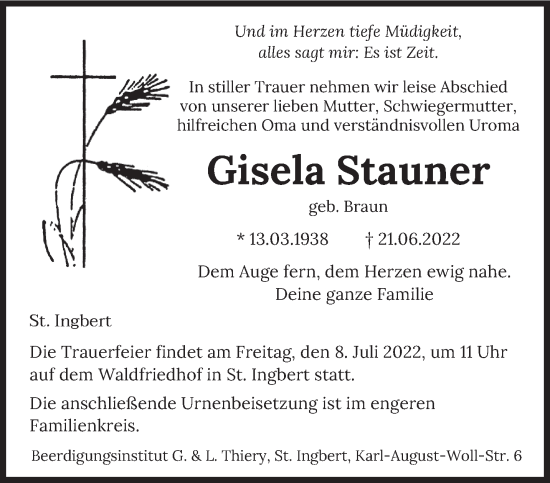 Todesanzeige von Gisela Stauner von saarbruecker_zeitung