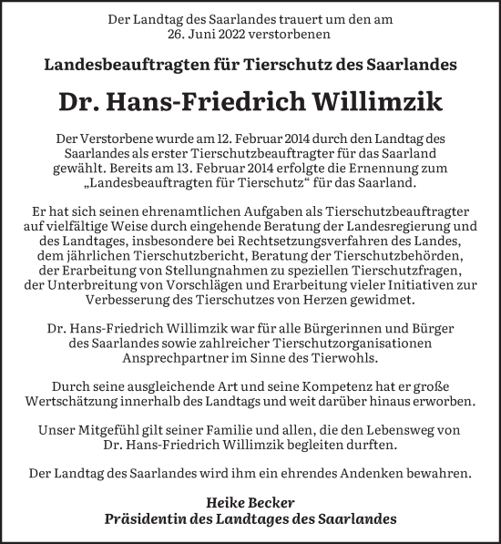 Todesanzeige von Hans-Friedrich Willimzik von saarbruecker_zeitung