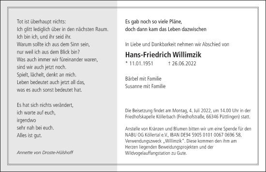 Todesanzeige von Hans-Friedrich Willimzik von saarbruecker_zeitung