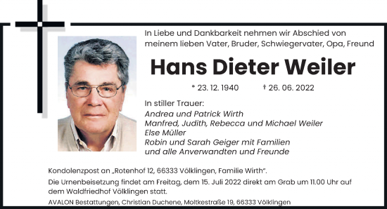 Todesanzeige von Hans Dieter Weiler von saarbruecker_zeitung