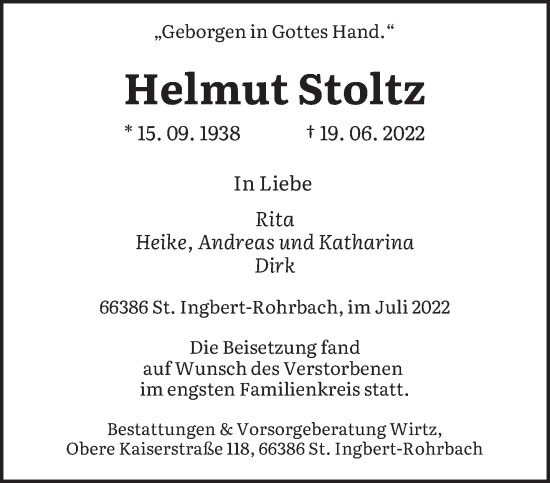 Todesanzeige von Helmut Stoltz von saarbruecker_zeitung