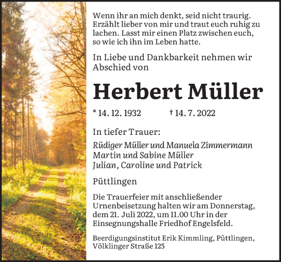 Todesanzeige von Herbert Müller von saarbruecker_zeitung