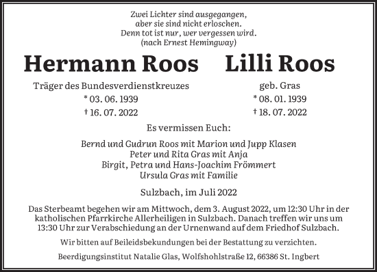 Todesanzeige von Hermann und Lilli Roos von saarbruecker_zeitung