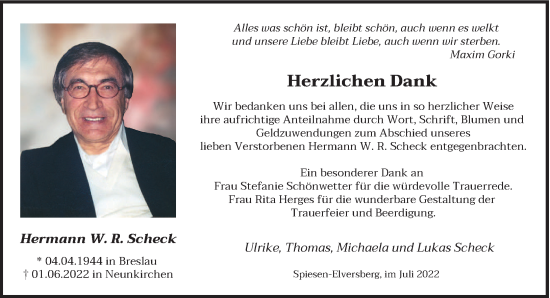 Todesanzeige von Hermann W. R. Scheck von saarbruecker_zeitung