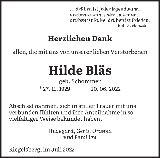 Todesanzeige von Hilde Bläs von saarbruecker_zeitung