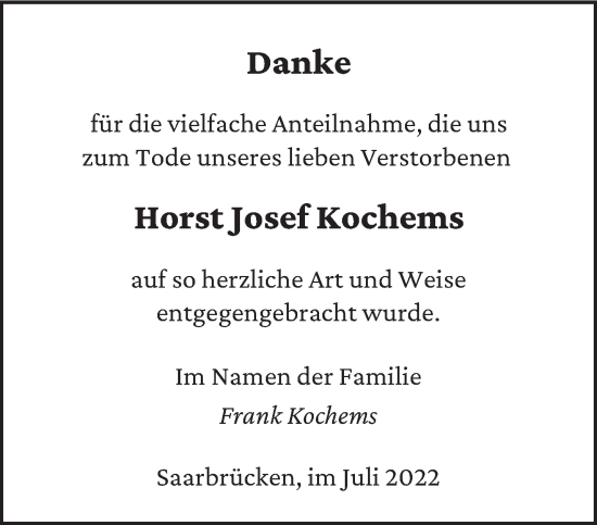 Todesanzeige von Horst Josef Kochems von saarbruecker_zeitung