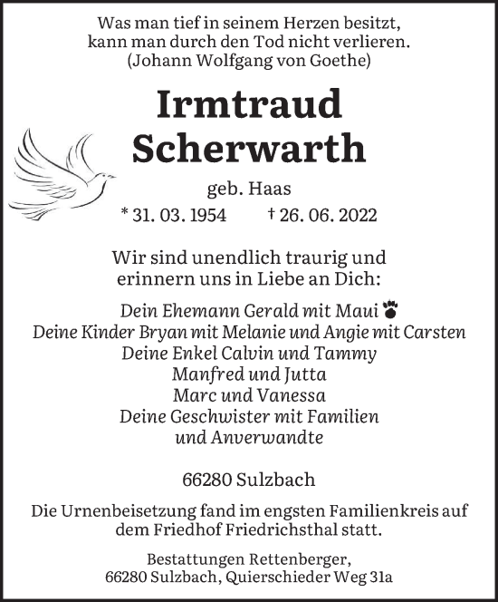 Todesanzeige von Irmtraud Scherwarth von saarbruecker_zeitung