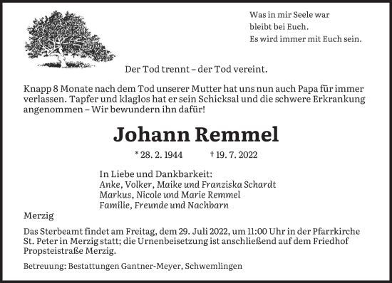 Todesanzeige von Johann Remmel von saarbruecker_zeitung