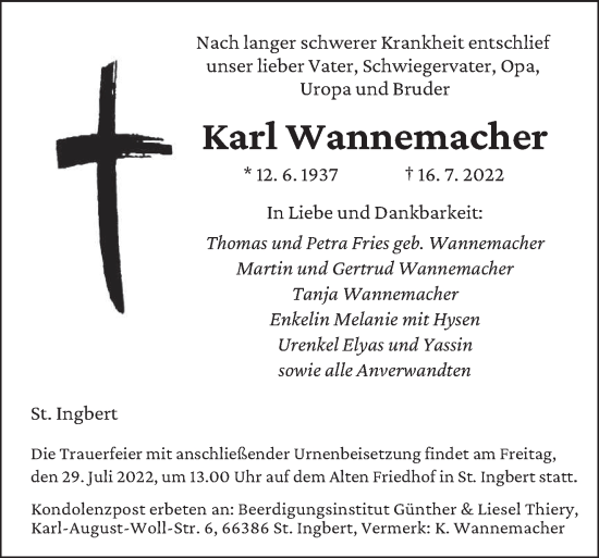 Todesanzeige von Karl Wannemacher von saarbruecker_zeitung