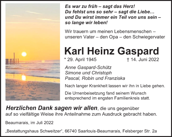 Todesanzeige von Karl Heinz Gaspard von saarbruecker_zeitung