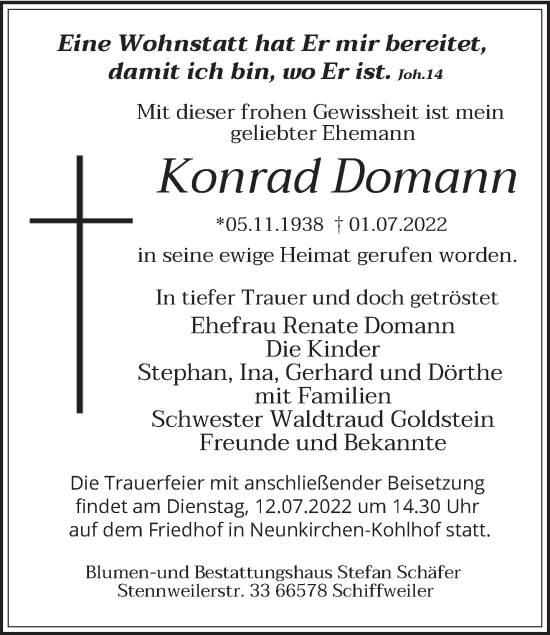 Todesanzeige von Konrad Domann von saarbruecker_zeitung