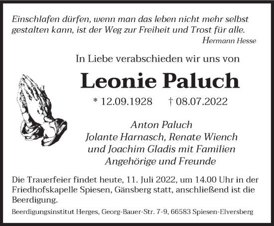 Todesanzeige von Leonie Paluch von saarbruecker_zeitung