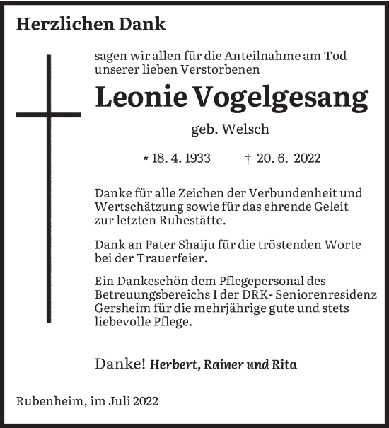 Todesanzeige von Leonie Vogelgesang von saarbruecker_zeitung