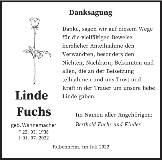 Todesanzeige von Linde Fuchs von saarbruecker_zeitung