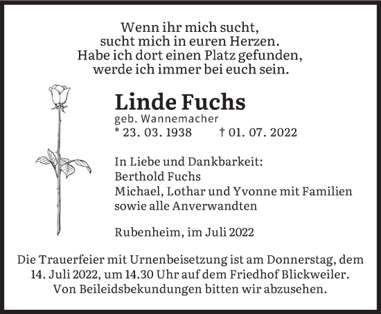 Todesanzeige von Linde Fuchs von saarbruecker_zeitung