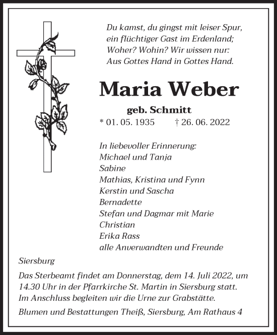 Todesanzeige von Maria Weber von saarbruecker_zeitung