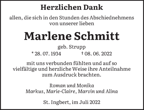 Todesanzeige von Marlene Schmitt von saarbruecker_zeitung