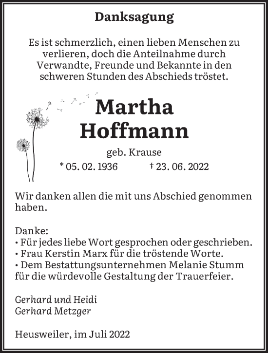 Todesanzeige von Martha Hoffmann von saarbruecker_zeitung