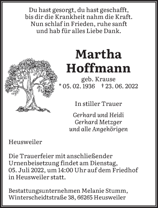 Todesanzeige von Martha Hoffmann von saarbruecker_zeitung