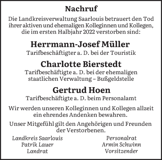 Todesanzeige von Nachruf Landkreisverwaltung Saarlouis von saarbruecker_zeitung