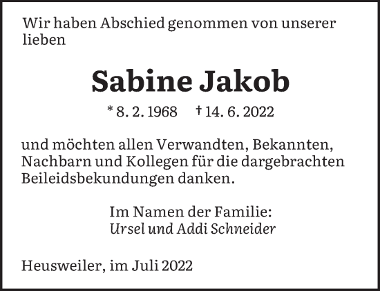 Todesanzeige von Sabine Jakob von saarbruecker_zeitung