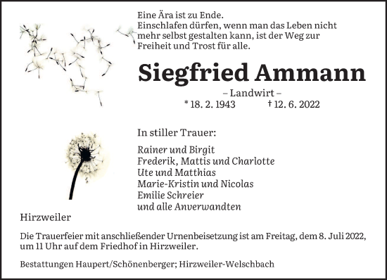 Todesanzeige von Siegfried Ammann von saarbruecker_zeitung