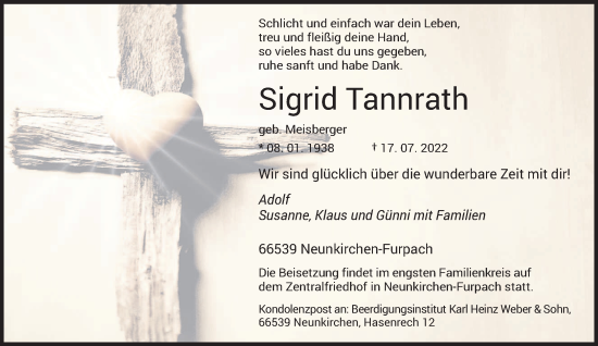Todesanzeige von Sigrid Tannrath von saarbruecker_zeitung