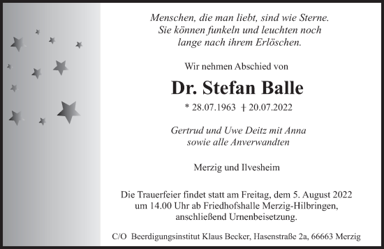 Todesanzeige von Stefan Balle von saarbruecker_zeitung