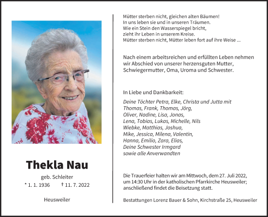 Todesanzeige von Thekla Nau von saarbruecker_zeitung