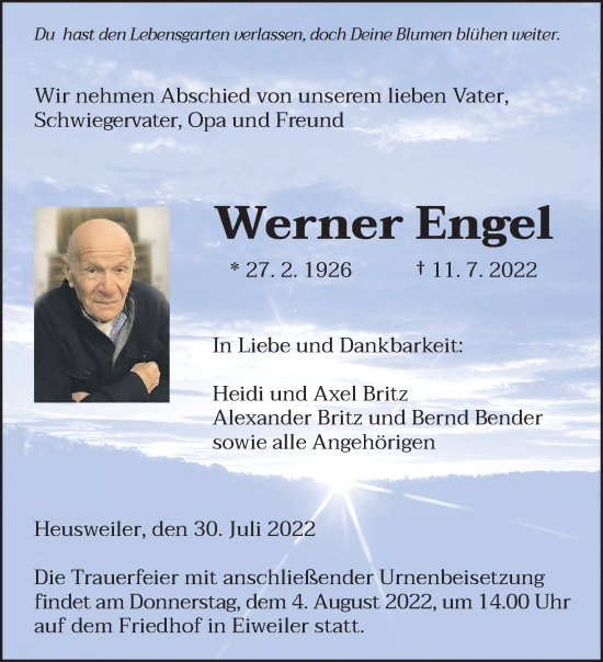 Todesanzeige von Werner Engel von saarbruecker_zeitung