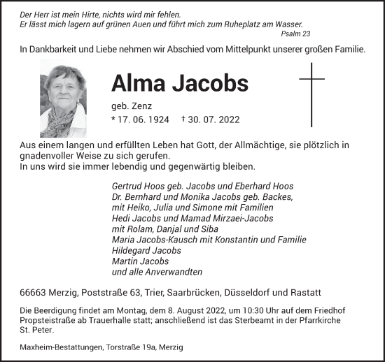 Todesanzeige von Alma Jacobs von saarbruecker_zeitung