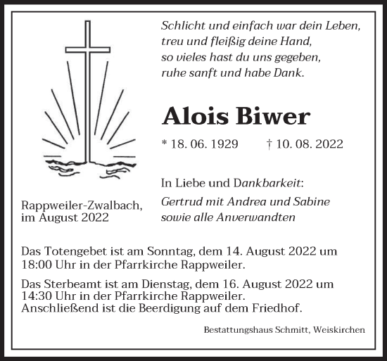 Todesanzeige von Alois Biwer von saarbruecker_zeitung