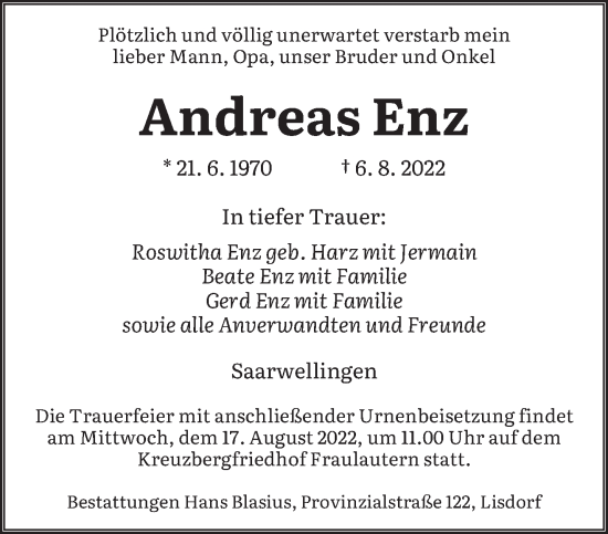 Todesanzeige von Andreas Enz von saarbruecker_zeitung