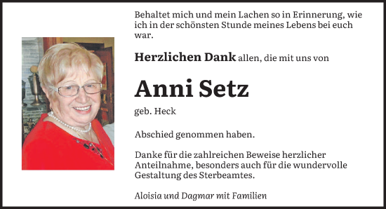 Todesanzeige von Anni Setz von saarbruecker_zeitung