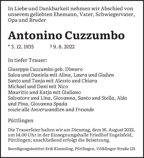 Todesanzeige von Antonino Cuzzumbo von saarbruecker_zeitung