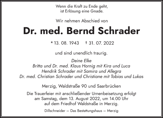 Todesanzeige von Bernd Schrader von saarbruecker_zeitung