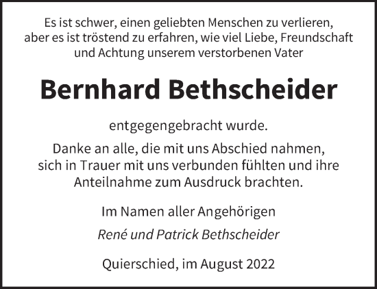 Todesanzeige von Bernhard Bethscheider von saarbruecker_zeitung