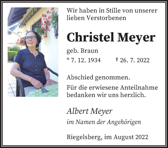 Todesanzeige von Christel Meyer von saarbruecker_zeitung