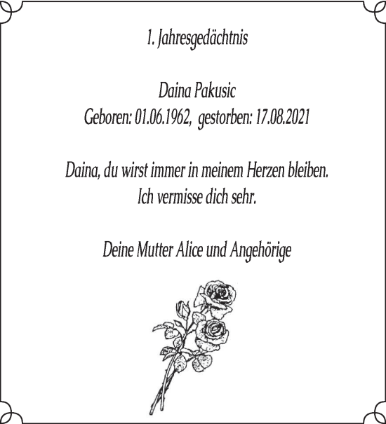 Todesanzeige von Daina Pakusic von saarbruecker_zeitung