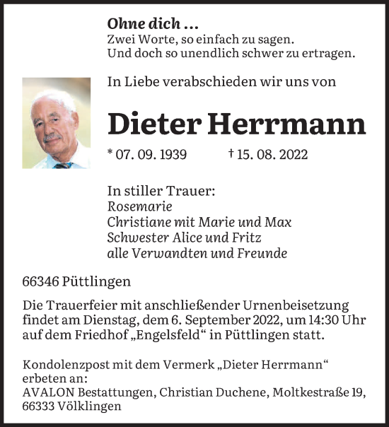 Todesanzeige von Dieter Herrmann von saarbruecker_zeitung