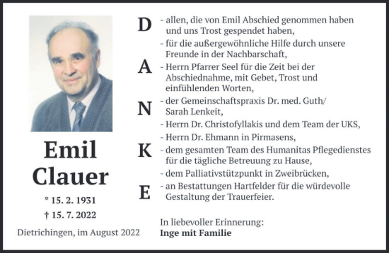 Todesanzeige von Emil Clauer von saarbruecker_zeitung