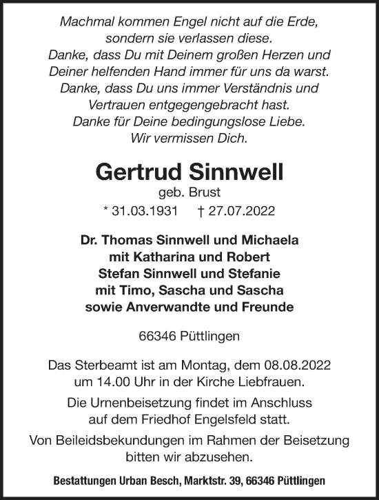 Todesanzeige von Gertrud Sinnwell von saarbruecker_zeitung