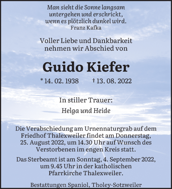 Todesanzeige von Guido Kiefer von saarbruecker_zeitung